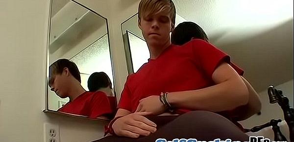  Shaved ass twink Colby Bonds jerking his big strong dick